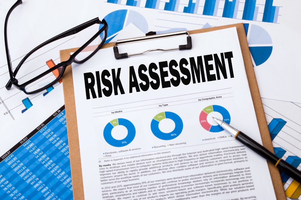 Risk assessment document on a clipboard, emphasizing assessing risk tolerance.